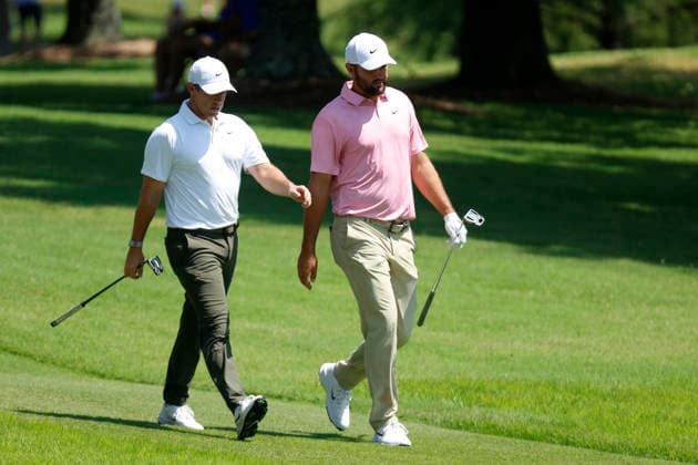 MEMPHIS, TN - AUGUST 14: Rory Mcllroy of Northern Ireland and Scottie Scheffler of the United States walk down the No. 1 fairway during the second round of the FedEx St. Jude Championship, August 14, 2026, at TPC Southwind in Memphis, Tennessee. (Photo by Matthew Maxey Icon Sportswire) GOLF: AUG 14 PGA, Golf Herren FedEx St. Jude Championship EDITORIAL USE ONLY Icon260814066