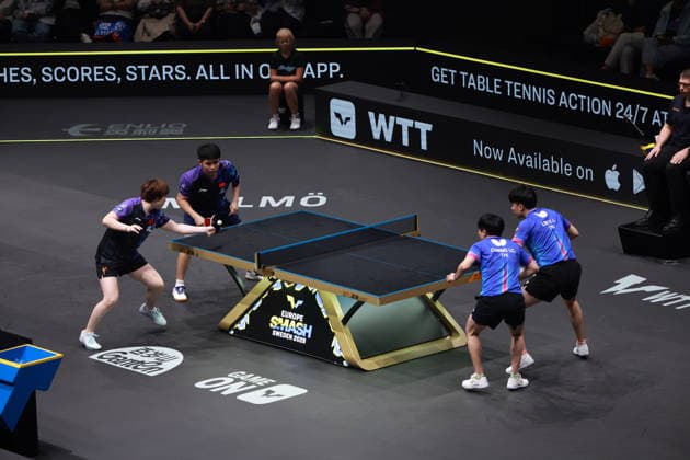 2026 WTT Europe Smash - Sweden - Main Draw - Day 5 Lin Shidong and Kuai Man of China compete against Lin Yun-Ju and Chen I-Ching of Taiwan during the Mixed Doubles semifinal at the 2026 Europe Smash at the Malmo Arena in Malmo, Sweden, on August 14, 2026. Malmo Sweden  Copyright: xRemyxGrosx originalFilename:gros-europesm260814_npvdu.jpg