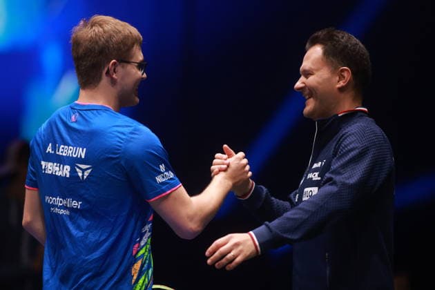 2026 WTT Europe Smash - Sweden - Main Draw - Day 5 Alexis Lebrun of France competes against Lin Shidong of China during the Men s Singles Round of 16 at the 2026 Europe Smash at the Malmo Arena in Malmo, Sweden, on August 14, 2026. Malmo Sweden  Copyright: xRemyxGrosx originalFilename:gros-europesm260814_np828.jpg