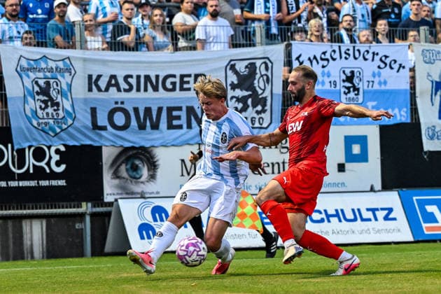 14.08.2026, GER, Fußball, Herren, RL Bayern, FC Memmingen vs TSV 1860 München Fabio Wagner (München, 9), Kim-Bryan Paschek (Memmingen, 18) Memmingen e-con ArenaPark Bayern Deutschland *** August 14, 2026, GER, Soccer, Men s, Bavarian Regional League, FC Memmingen vs. TSV 1860 Munich; Fabio Wagner (Munich), 9; Kim Bryan Paschek (Memmingen), 18; Memmingen and ArenaPark, Bavaria, Germany Copyright: xNordphotox xHafnerx