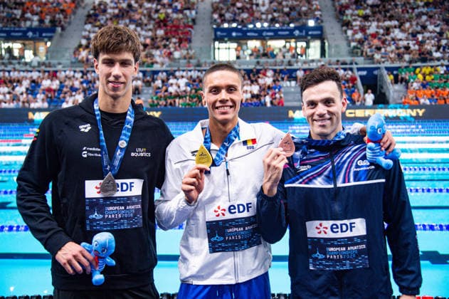 NATATION : Championnat d europe de natation 2026 - PARIS - 14 08 2026 David Popovici (ROU) Tomas Navikonis (LTU) James Guy (GBR) Saint DenisFrance  Copyright: xBaptistexAutissierx