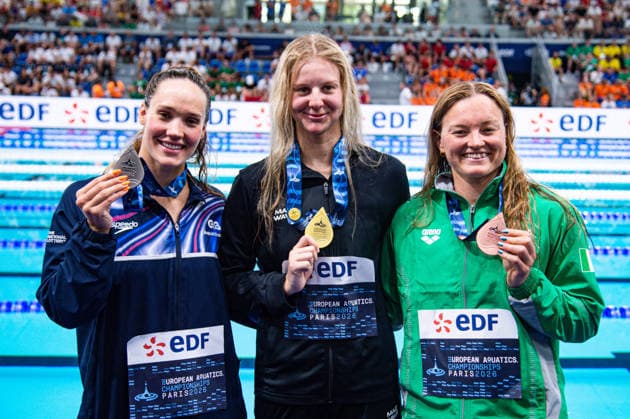 NATATION : Championnat d europe de natation 2026 - PARIS - 14 08 2026 Evgenila Chikunova (NAB) Angharad Evans (GBR) Mona McSharry (IRL) Saint DenisFrance  Copyright: xBaptistexAutissierx