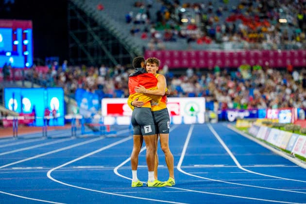 BIRMINGHAM, GREAT BRITAIN - AUGUST 14, 2026 : Second place for Emil AGYEKUM (GER Germany) over 400m hurdles and frustrated Owe FISCHER-BREIHOLZ (GER Germany) during the European Athletics Championships at Alexander Stadium on August 14, 2026 in Birmingham, Great Britain. Great Britain Copyright: xLeahxKohringx