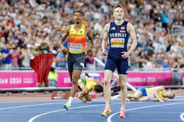 BIRMINGHAM, GREAT BRITAIN - AUGUST 14, 2026: Karsten WARHOLM (NOR Norway) wins the 400m final ahead of Emil AGYEKUM (GER Germany) during the European Athletics Championships at Alexander Stadium on August 14, 2026 in Birmingham, Great Britain. Great Britain Copyright: xAxelxKohringx