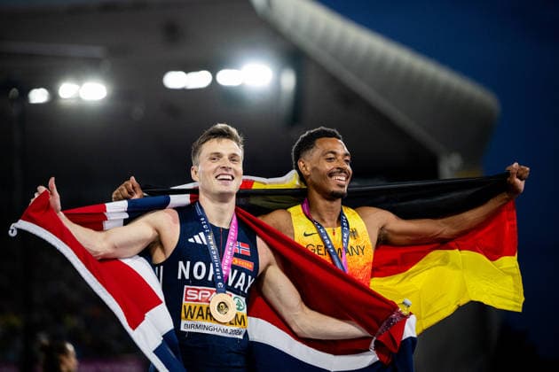 260814 Karsten Warholm of Norway and Emil Agyekum of Germany celebrates after men s 400 meter hurdles final during day 5 of the 2026 European Athletics Championships on August 14, 2026 in Birmingham. Photo: Maxim Thore BILDBYRAN kod MT MT1070 friidrott athletics friidrett friidrotts-em em friidretts-em 2026 european athletics championships day 5 bbeng *** August 14, 2026: Karsten Warholm of Norway and Emil Agyekum of Germany celebrate after the men’s 400-meter hurdles final on Day 5 of the 2026 European Athletics Championships on August 14, 2026 in Birmingham. Photo by Maxim Thore. BILDBYRAN code MT MT1070 track and field athletics friidrett friidrotts em em friidretts em 2026 European Athletics Championships Day 5 bbeng  Copyright: MAXIMxTHORE BB260814MT090