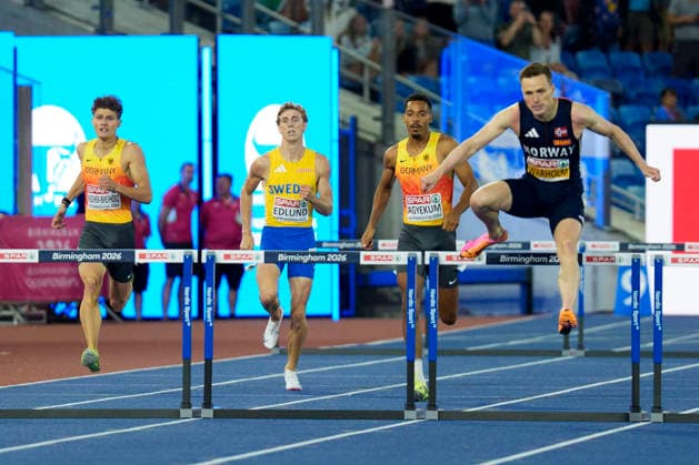 BIRMINGHAM, GREAT BRITAIN - AUGUST 14, 2026 : Owe FISCHER-BREIHOLZ (GER Germany), Oskar EDLUND (SWE Sweden), second place for Emil AGYEKUM (GER Germany) and european champion Karsten WARHOLM (NOR Norway) over 400m hurdles during the European Athletics Championships at Alexander Stadium on August 14, 2026 in Birmingham, Great Britain. Great Britain Copyright: xLeahxKohringx