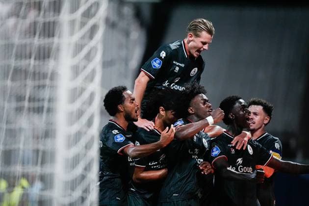 VELSEN-ZUID , 14-08-2026 , BUKO Stadion , season 2026 2027 , Dutch Eredivisie football , match between Telstar and Sparta Rotterdam , Picture shows players of Sparta celebrating the 3-1 Telstar - Sparta  x205713653x Copyright:
