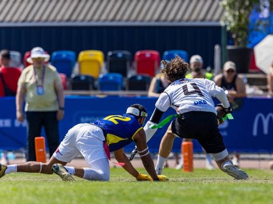 12 Felipe Nunes Almeida dos Santos (DB) Team Brazil Me to late to stop 4 Theo Hack (WR) Team Germany Men Team Germany Men vs Team Brazil Men, Flag Football , IFAF, WM, 2026, 13.08-16.08.26, Düsseldorf Flag Football Komplex Düsseldorf-Garath Germany Copyright: xPFA ChristopherxMettkenx