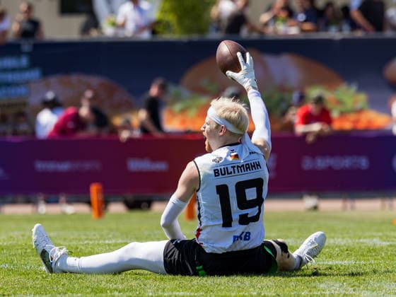 Interception from 19 Luca Samuel Bultmann (DB) Team Germany Men Team Germany Men vs Team Brazil Men, Flag Football , IFAF, WM, 2026, 13.08-16.08.26, Düsseldorf Flag Football Komplex Düsseldorf-Garath Germany Copyright: xPFA ChristopherxMettkenx