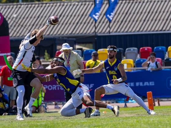 12 Felipe Nunes Almeida dos Santos (DB) Team Brazil Me catch the flag from 3 Justin Schlesinger (WR) Team Germany Men Team Germany Men vs Team Brazil Men, Flag Football , IFAF, WM, 2026, 13.08-16.08.26, Düsseldorf Flag Football Komplex Düsseldorf-Garath Germany Copyright: xPFA ChristopherxMettkenx