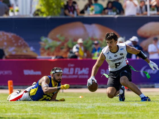 12 Felipe Nunes Almeida dos Santos (DB) Team Brazil Me to late. 8 Malik Al-Kahlout (WR) Team Germany Men run with the ball. Team Germany Men vs Team Brazil Men, Flag Football , IFAF, WM, 2026, 13.08-16.08.26, Düsseldorf Flag Football Komplex Düsseldorf-Garath Germany Copyright: xPFA ChristopherxMettkenx