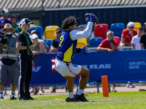 2 Adner Sanches Ladeira (WR) Team Brazil Me catch the ball. Team Germany Men vs Team Brazil Men, Flag Football , IFAF, WM, 2026, 13.08-16.08.26, Düsseldorf Flag Football Komplex Düsseldorf-Garath Germany Copyright: xPFA ChristopherxMettkenx