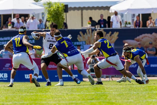 7 Edmar Dos Santos (DB) Team Brazil Me, 12 Felipe Nunes Almeida dos Santos (DB) Team Brazil Me and 27 Lucas JosÃ de Almeida Goncalves (WR) Team Brazil Me stop 8 Malik Al-Kahlout (WR) Team Germany Men Team Germany Men vs Team Brazil Men, Flag Football , IFAF, WM, 2026, 13.08-16.08.26, Düsseldorf Flag Football Komplex Düsseldorf-Garath Germany Copyright: xPFA ChristopherxMettkenx