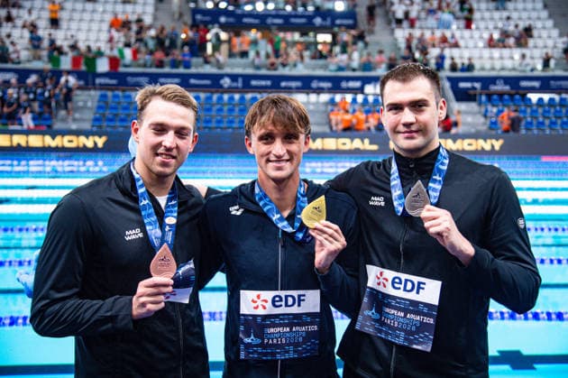 NATATION : Championnat d europe de natation 2026 - PARIS - 14 08 2026 Miroslav Knedla (CZE) Kliment Kolesnikov (NAB) Pavel Samusenko (NAB) Saint DenisFrance  Copyright: xBaptistexAutissierx