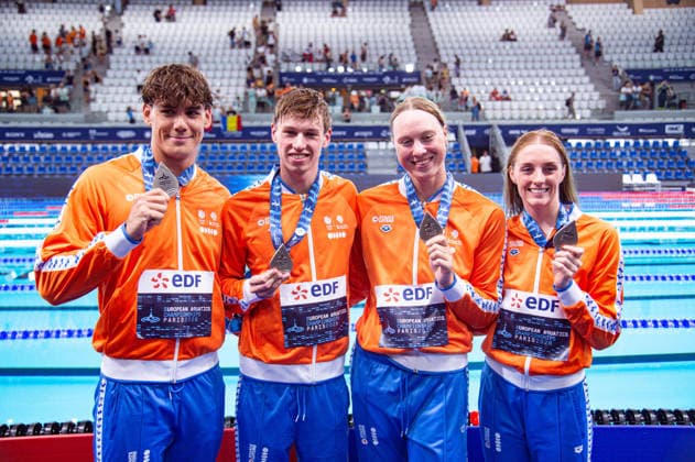 NATATION : Championnat d europe de natation 2026 - PARIS - 14 08 2026 Marrit Steenbergen (NED) Sean Niewold (NED) Merlin Belmon (NED) Milou Van Wijk (NED) Saint DenisFrance  Copyright: xBaptistexAutissierx
