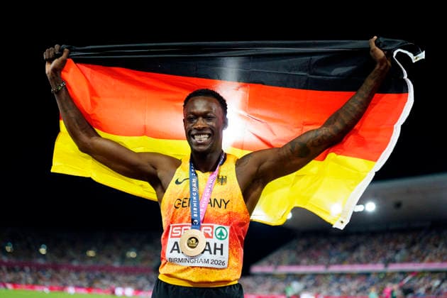 BIRMINGHAM, GREAT BRITAIN - AUGUST 14, 2026 : European champion over 200m: Owen ANSAH (GER Germany) during the European Athletics Championships at Alexander Stadium on August 14, 2026 in Birmingham, Great Britain. Great Britain Copyright: xLeahxKohringx