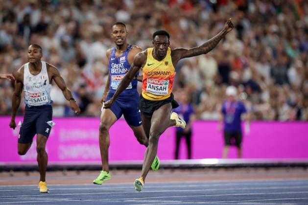 2026 European Athletics Championships, Alexander Stadium, Birmingham, England 14 8 2026 Men™s 200m Final Italy™s Eseosa Fostine Desalu, Great Britian™s Zharnel Hughes and Germany™s Owen Ansah Eseosa Fostine Desalu, Zharnel Hughes and Owen Ansah 14 8 2026  Copyright: xx 0S9A4471