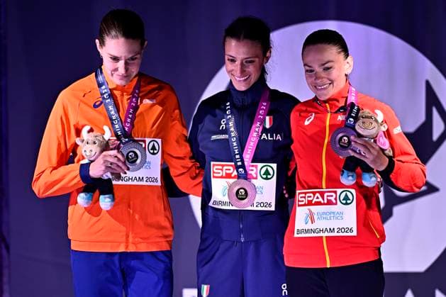 European Athletics Championships Birmingham 2026 - day 5 BIRMINGHAM, ENGLAND - AUGUST 14 : Koster Maureen (NED), Battocletti Nadia (ITA) and Van Lent Jana (BEL) during the podium ceremony after the 10000m final on day 5 of the Birmingham 2026 European Athletics Championships on August 14, 2026 in Birmingham, England, 14 08 2026 Birmingham ENGLAND  Copyright: xTomasxSiskx