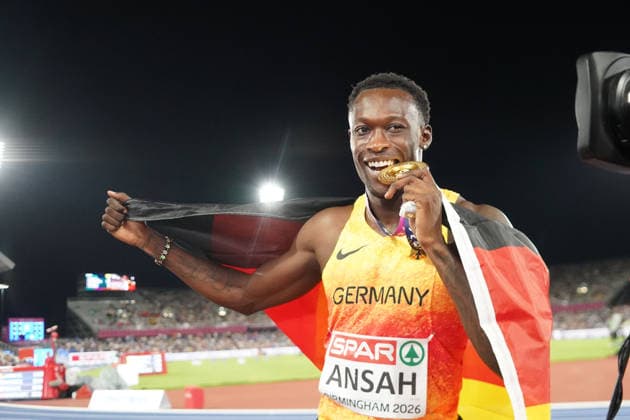 Birmingham , Leichtathletik, Athletics, Track and Field, EAA, Leichtathletik EM Birmingham 2026 European Championships birmingham 2026 , 10.08-17.08.2026, Alexander Stadium Birmingham, Grossbritannien , 200m Männer, 200m Men, Finale Owen Ansah mit Goldmedaille Deutschland, Germany GER Copyright Gladys Chai von der Laage *** Birmingham, Track and Field, Athletics, EAA, 2026 European Athletics Championships in Birmingham, August 10–17, 2026, Alexander Stadium, Birmingham, United Kingdom, Men’s 200m, Final: Owen Ansah wins gold medal for Germany (GER). Copyright Gladys Chai von der Laage