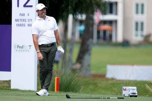 MEMPHIS, TN - AUGUST 14: Rory Mcllroy of Northern Ireland reacts as he watches his drive on No. 12 during the second round of the FedEx St. Jude Championship, August 14, 2026, at TPC Southwind in Memphis, Tennessee. (Photo by Matthew Maxey Icon Sportswire) GOLF: AUG 14 PGA, Golf Herren FedEx St. Jude Championship EDITORIAL USE ONLY Icon260814078