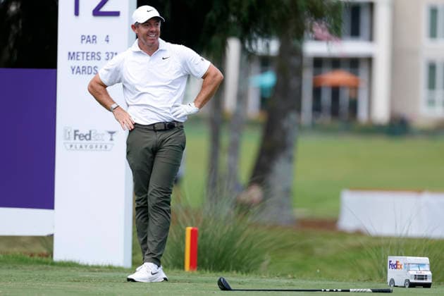 MEMPHIS, TN - AUGUST 14: Rory Mcllroy of Northern Ireland reacts as he watches his drive on No. 12 during the second round of the FedEx St. Jude Championship, August 14, 2026, at TPC Southwind in Memphis, Tennessee. (Photo by Matthew Maxey Icon Sportswire) GOLF: AUG 14 PGA, Golf Herren FedEx St. Jude Championship EDITORIAL USE ONLY Icon260814080