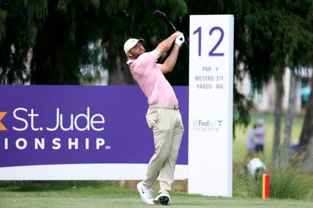 MEMPHIS, TN - AUGUST 14: Scottie Scheffler of the United States hits his drive on No. 12 during the second round of the FedEx St. Jude Championship, August 14, 2026, at TPC Southwind in Memphis, Tennessee. (Photo by Matthew Maxey Icon Sportswire) GOLF: AUG 14 PGA, Golf Herren FedEx St. Jude Championship EDITORIAL USE ONLY Icon260814082