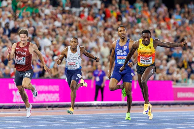 BIRMINGHAM, GREAT BRITAIN - AUGUST 14, 2026: 200m-final - Oskars GRAVA (LAT), Eseosa Fostine DESALU (ITA Italy), Zharnel HUGHES (GBR Great Britain), Owen ANSAH (GER Germany) competing during the European Athletics Championships at Alexander Stadium on August 14, 2026 in Birmingham, Great Britain. Great Britain Copyright: xAxelxKohringx