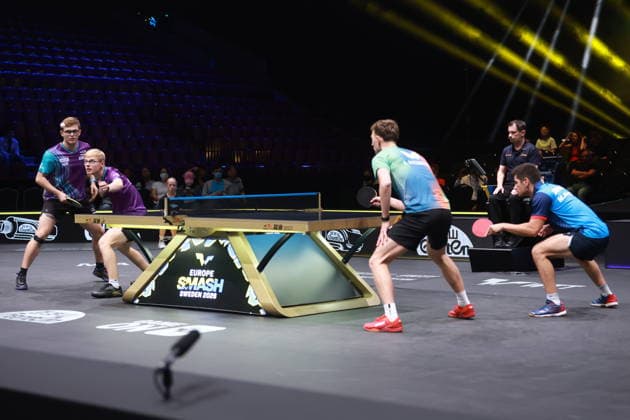 2026 WTT Europe Smash - Sweden - Main Draw - Day 5 Alexis Lebrun and Felix Lebrun of France compete against Martin Allegro and Adrien Rassenfosse of Belgium during the Men s Doubles Semifinal at the 2026 Europe Smash at the Malmo Arena in Malmo, Sweden, on August 14, 2026. Malmo Sweden  Copyright: xRemyxGrosx originalFilename:gros-europesm260814_np4s4.jpg