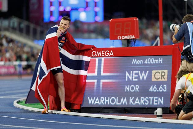 BIRMINGHAM, GREAT BRITAIN - AUGUST 14, 2026: Karsten WARHOLM (NOR Norway) after the 400m hurdles final finished with a new championship record during the European Athletics Championships at Alexander Stadium on August 14, 2026 in Birmingham, Great Britain. Great Britain Copyright: xAxelxKohringx