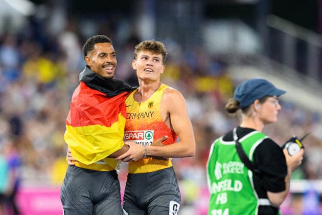BIRMINGHAM, GREAT BRITAIN - August 14: Emil Agyekum (Germany) and Owe Fischer-Breiholz (Germany) the 400 metres hurdles final during the European Athletics Championships 2026 at Alexander Stadium in Birmingham, Great Britain (Photo by Sven Beyrich Sports Press Photo)  Copyright: xSvenxBeyrich SportsxPressxPhotox Sportspressphoto_SPR206510