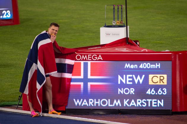 Karsten Warholm of Norway celebrates a new Championship Record in the Mens 400m hurdles at the European Atheltics Championships at Alexander Stadium in Birmingham, England (Sean Walsh Sports Press Photo)  Copyright: xSeanxWalshx Sportspressphoto_SPR206554
