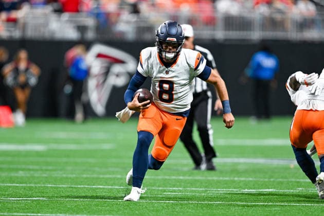 ATLANTA, GA - AUGUST 14: Denver quarterback Jarrett Stidham (8) runs the ball during the NFL, American Football Herren, USA pre-season game between the Denver Broncos and the Atlanta Falcons on August 14th, 2026 at Mercedes-Benz Stadium in Atlanta, GA. (Photo by Rich von Biberstein Icon Sportswire) NFL: AUG 14 Broncos at Falcons EDITORIAL USE ONLY Icon260814019