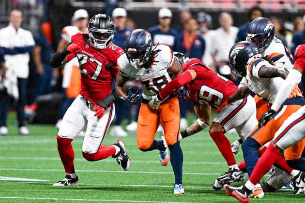 ATLANTA, GA - AUGUST 14: Denver running back Jaleel McLaughlin (38) runs the ball during the NFL, American Football Herren, USA pre-season game between the Denver Broncos and the Atlanta Falcons on August 14th, 2026 at Mercedes-Benz Stadium in Atlanta, GA. (Photo by Rich von Biberstein Icon Sportswire) NFL: AUG 14 Broncos at Falcons EDITORIAL USE ONLY Icon260814021