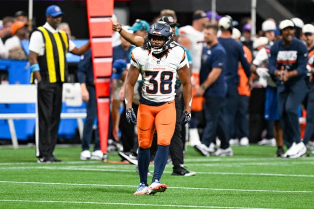 ATLANTA, GA - AUGUST 14: Denver running back Jaleel McLaughlin (38) reacts during the NFL, American Football Herren, USA pre-season game between the Denver Broncos and the Atlanta Falcons on August 14th, 2026 at Mercedes-Benz Stadium in Atlanta, GA. (Photo by Rich von Biberstein Icon Sportswire) NFL: AUG 14 Broncos at Falcons EDITORIAL USE ONLY Icon260814022