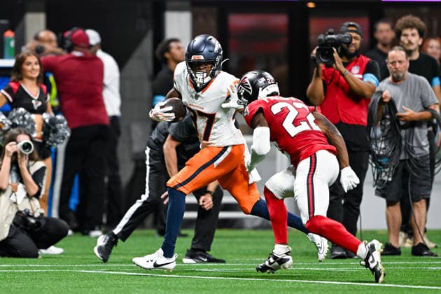 ATLANTA, GA - AUGUST 14: Denver wide receiver Cameron Ross (87) runs the ball during the NFL, American Football Herren, USA pre-season game between the Denver Broncos and the Atlanta Falcons on August 14th, 2026 at Mercedes-Benz Stadium in Atlanta, GA. (Photo by Rich von Biberstein Icon Sportswire) NFL: AUG 14 Broncos at Falcons EDITORIAL USE ONLY Icon260814023