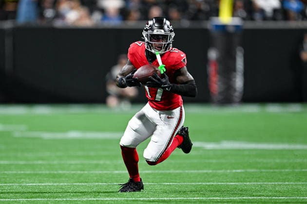 ATLANTA, GA - AUGUST 14: Atlanta wide receiver Zachariah Branch (17) runs with the ball after a reception during the NFL, American Football Herren, USA pre-season game between the Denver Broncos and the Atlanta Falcons on August 14th, 2026 at Mercedes-Benz Stadium in Atlanta, GA. (Photo by Rich von Biberstein Icon Sportswire) NFL: AUG 14 Broncos at Falcons EDITORIAL USE ONLY Icon260814025