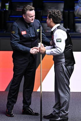 TAIYUAN, CHINA - AUGUST 14: Noppon Saengkham of Thailand shakes hands with Shaun Murphy of England after the Quarterfinal match on day 7 of the 2026 World Snooker Tour China Open at Taiyuan Binhe Sports Center on August 14, 2026 in Taiyuan, Shanxi Province of China.  Copyright: xChinaxNewsxServicex 111659983503