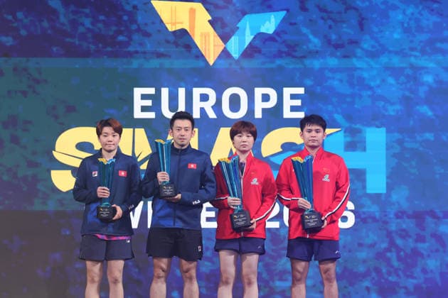 MALMO, SWEDEN - AUGUST 14: Champions Lin Shidong and Kuai Man of China, Wong Chun Ting and Doo Hoi Kem of Hong Kong pose with trophy after the Mixed Doubles Final match on Day 5 of Europe Smash Sweden 2026 at Baltiska Hallen on August 14, 2026 in Malmo, Sweden.  Copyright: xVCGx 111660071467