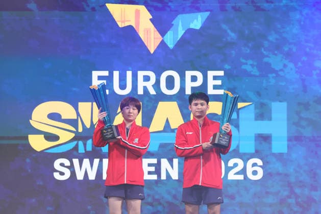 MALMO, SWEDEN - AUGUST 14: Champions Lin Shidong and Kuai Man of China poe with trophy after the Mixed Doubles Final match against Wong Chun Ting and Doo Hoi Kem of Hong Kong on Day 5 of Europe Smash Sweden 2026 at Baltiska Hallen on August 14, 2026 in Malmo, Sweden.  Copyright: xVCGx 111660071471