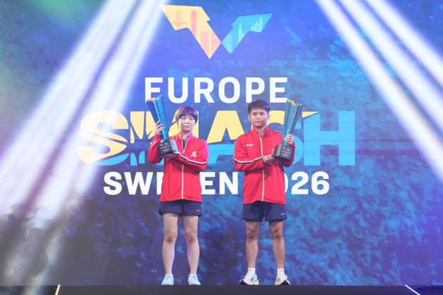 MALMO, SWEDEN - AUGUST 14: Champions Lin Shidong and Kuai Man of China poe with trophy after the Mixed Doubles Final match against Wong Chun Ting and Doo Hoi Kem of Hong Kong on Day 5 of Europe Smash Sweden 2026 at Baltiska Hallen on August 14, 2026 in Malmo, Sweden.  Copyright: xVCGx 111660071474