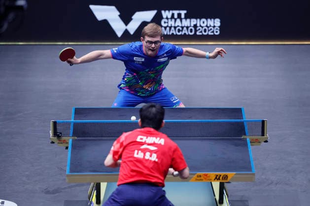 MALMO, SWEDEN - AUGUST 14: Alexis Lebrun of France competes in the Men s Singles Round of 16 match against Lin Shidong of China on Day 5 of Europe Smash Sweden 2026 at Malmo Arena on August 14, 2026 in Malmo, Sweden.  Copyright: xVCGx 111659996593