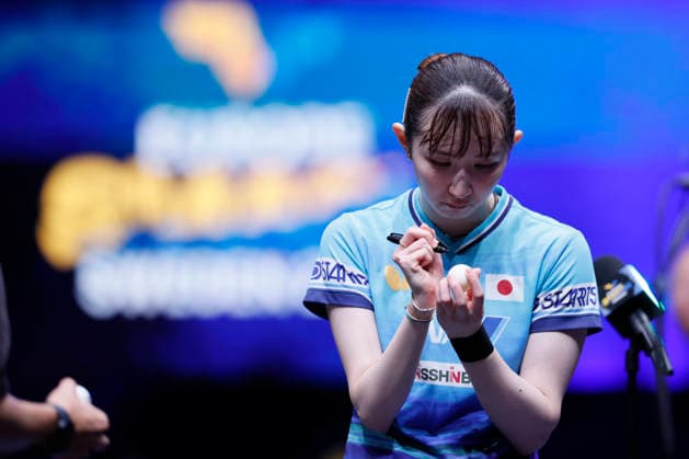 MALMO, SWEDEN - AUGUST 14: Hayata Hina of Japan reacts in the Women s Singles Round of 16 match against Shin Yubin of South Korea on Day 5 of Europe Smash Sweden 2026 at Malmo Arena on August 14, 2026 in Malmo, Sweden.  Copyright: xVCGx 111659973868