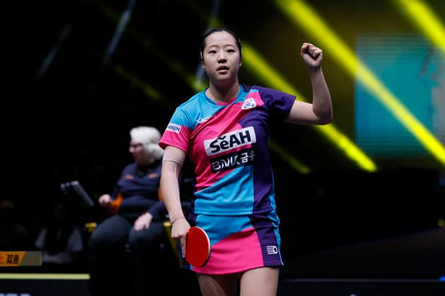 MALMO, SWEDEN - AUGUST 14: Shin Yubin of South Korea reacts in the Women s Singles Round of 16 match against Hayata Hina of Japan on Day 5 of Europe Smash Sweden 2026 at Malmo Arena on August 14, 2026 in Malmo, Sweden.  Copyright: xVCGx 111659973752
