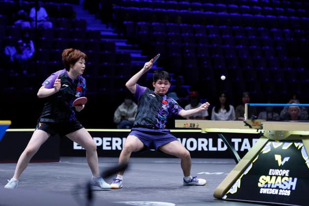MALMO, SWEDEN - AUGUST 14: Lin Shidong and Kuai Man of China compete in the Mixed Doubles Semifinal match against Lin Yun-ju and Cheng I-ching of Chinese Taipei on Day 5 of Europe Smash Sweden 2026 at Malmo Arena on August 14, 2026 in Malmo, Sweden.  Copyright: xVCGx 111659961619