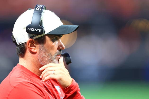 ATLANTA, GA - AUGUST 14: Head Coach Kevin Stefanski of the Atlanta Falcons looks on during the Friday evening NFL, American Football Herren, USA preseason football game between the Atlanta Falcons and the Denver Broncos on August 14, 2026 at Mercedes-Benz Stadium in Atlanta, Georgia. (Photo by David J. Griffin Icon Sportswire) NFL: AUG 14 Broncos at Falcons EDITORIAL USE ONLY Icon9532608145070