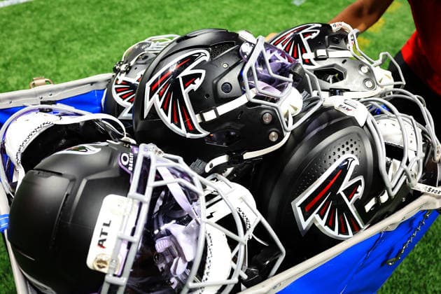 ATLANTA, GA - AUGUST 14: An equipment cart with the Falcons helmets is rolled to the locker room after the Friday evening NFL, American Football Herren, USA preseason football game between the Atlanta Falcons and the Denver Broncos on August 14, 2026 at Mercedes-Benz Stadium in Atlanta, Georgia. (Photo by David J. Griffin Icon Sportswire) NFL: AUG 14 Broncos at Falcons EDITORIAL USE ONLY Icon9532608145364