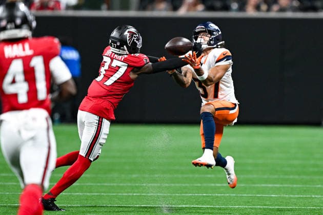 ATLANTA, GA - AUGUST 14: Denver cornerback Sean Fresch (37) attempts to catch a pass as Atlanta cornerback Cobee Bryant (37) defends during the NFL, American Football Herren, USA pre-season game between the Denver Broncos and the Atlanta Falcons on August 14th, 2026 at Mercedes-Benz Stadium in Atlanta, GA. (Photo by Rich von Biberstein Icon Sportswire) NFL: AUG 14 Broncos at Falcons EDITORIAL USE ONLY Icon260814034