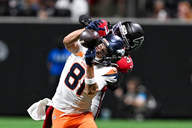 ATLANTA, GA - AUGUST 14: Denver wide receiver Kolbe Katsis (81) attempts to catch a pass during the NFL, American Football Herren, USA pre-season game between the Denver Broncos and the Atlanta Falcons on August 14th, 2026 at Mercedes-Benz Stadium in Atlanta, GA. (Photo by Rich von Biberstein Icon Sportswire) NFL: AUG 14 Broncos at Falcons EDITORIAL USE ONLY Icon260814038