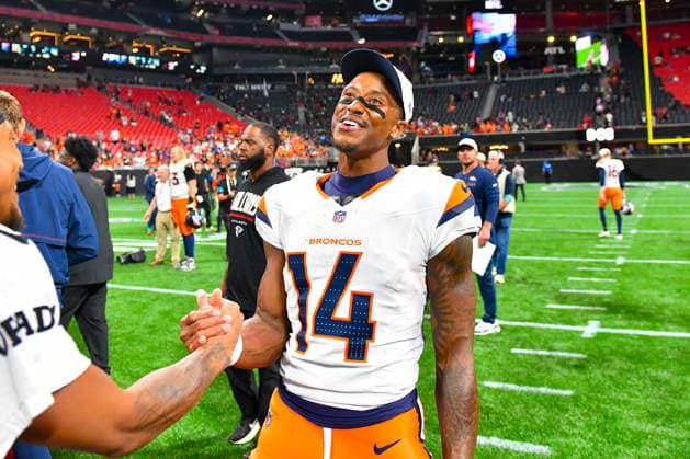 ATLANTA, GA - AUGUST 14: Denver wide receiver Courtland Sutton (14) reacts following the conclusion of the NFL, American Football Herren, USA pre-season game between the Denver Broncos and the Atlanta Falcons on August 14th, 2026 at Mercedes-Benz Stadium in Atlanta, GA. (Photo by Rich von Biberstein Icon Sportswire) NFL: AUG 14 Broncos at Falcons EDITORIAL USE ONLY Icon260814046
