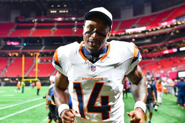 ATLANTA, GA - AUGUST 14: Denver wide receiver Courtland Sutton (14) reacts following the conclusion of the NFL, American Football Herren, USA pre-season game between the Denver Broncos and the Atlanta Falcons on August 14th, 2026 at Mercedes-Benz Stadium in Atlanta, GA. (Photo by Rich von Biberstein Icon Sportswire) NFL: AUG 14 Broncos at Falcons EDITORIAL USE ONLY Icon260814047